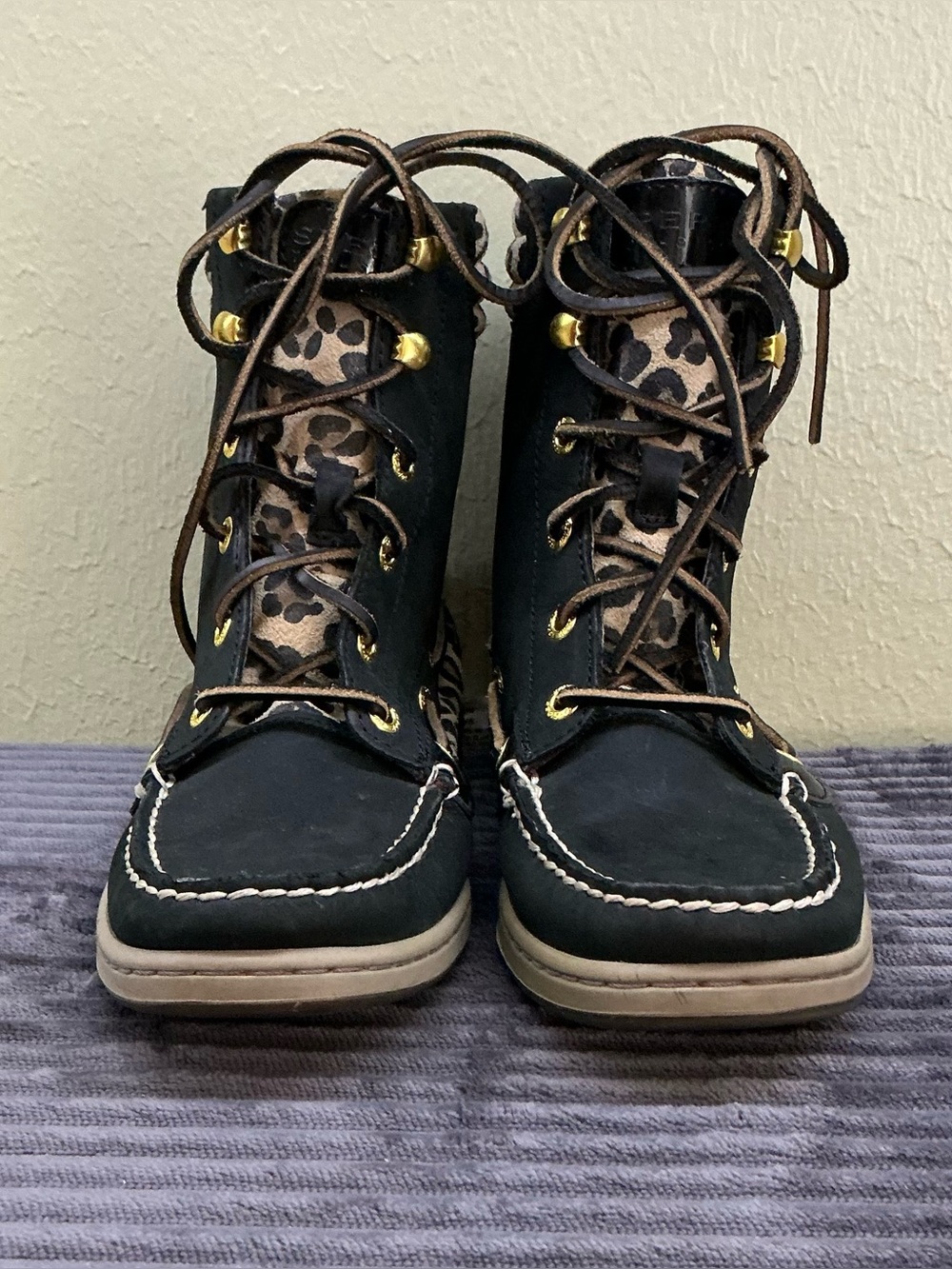 Sperry Top-Sider Hikerfish Black Leather Leopard Lace Up Ankle Boots Women 6.5M
